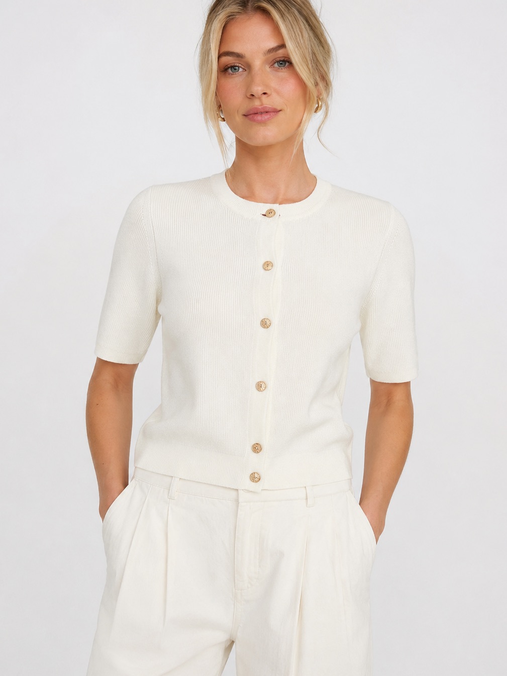 Rag & Bone Nwt Ivory Short-Sleeve Gold Button Cardigan Msrp $298 Quiet Luxury